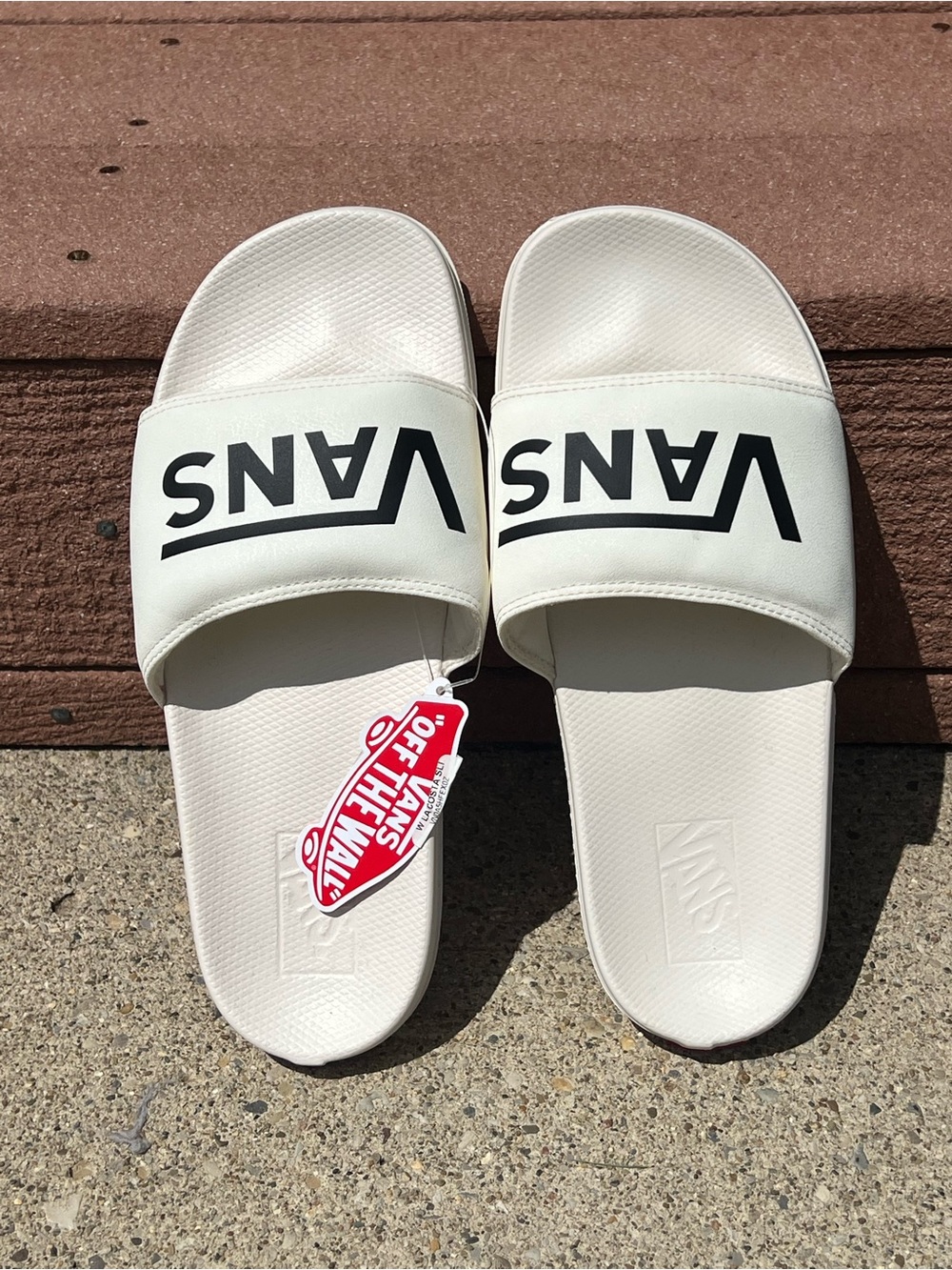 Vans White Slide Sandals with Black Logo